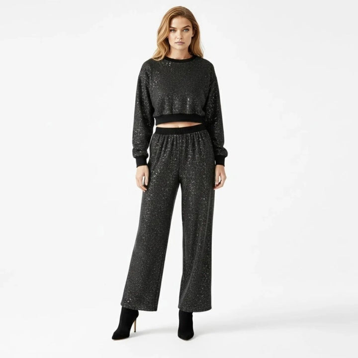 Two Piece Glitter Knit Crop Top and Wide Leg Trousers Set – Evening Glam Style