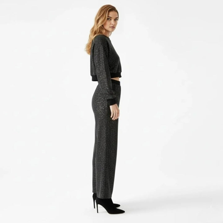 Two Piece Glitter Knit Crop Top and Wide Leg Trousers Set – Evening Glam Style