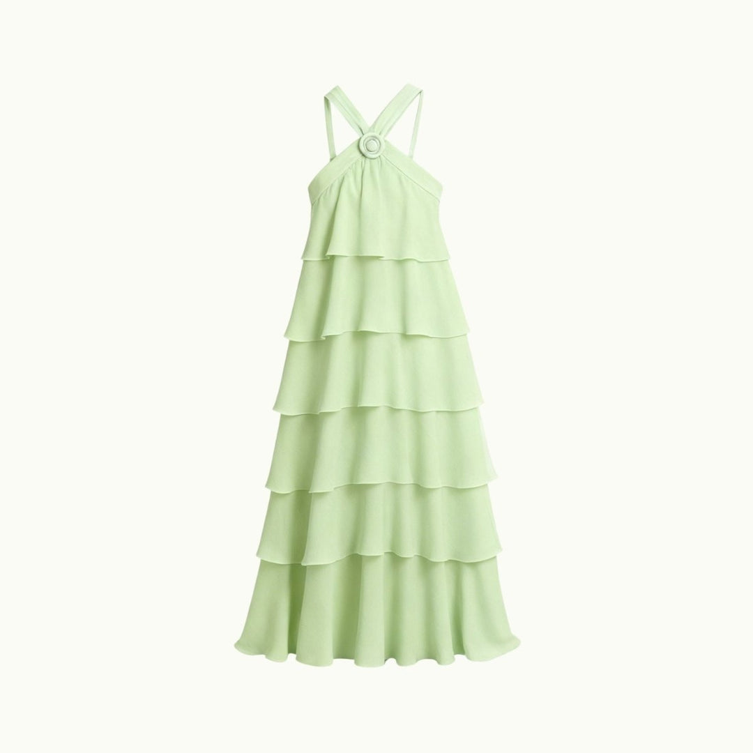 Maxi Dress Halter Neck Tiered Ruffle Elegant Evening Style