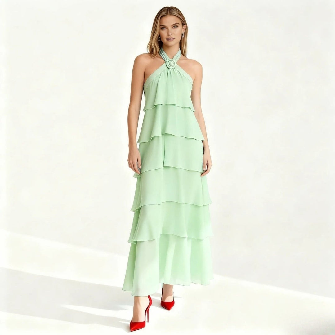 Maxi Dress Halter Neck Tiered Ruffle Elegant Evening Style