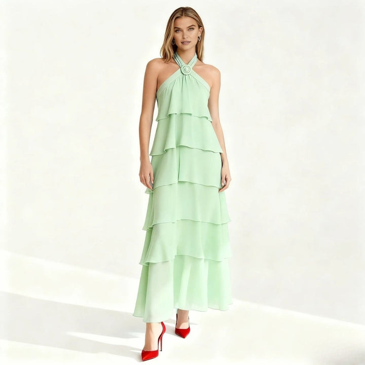Maxi Dress Halter Neck Tiered Ruffle Elegant Evening Style