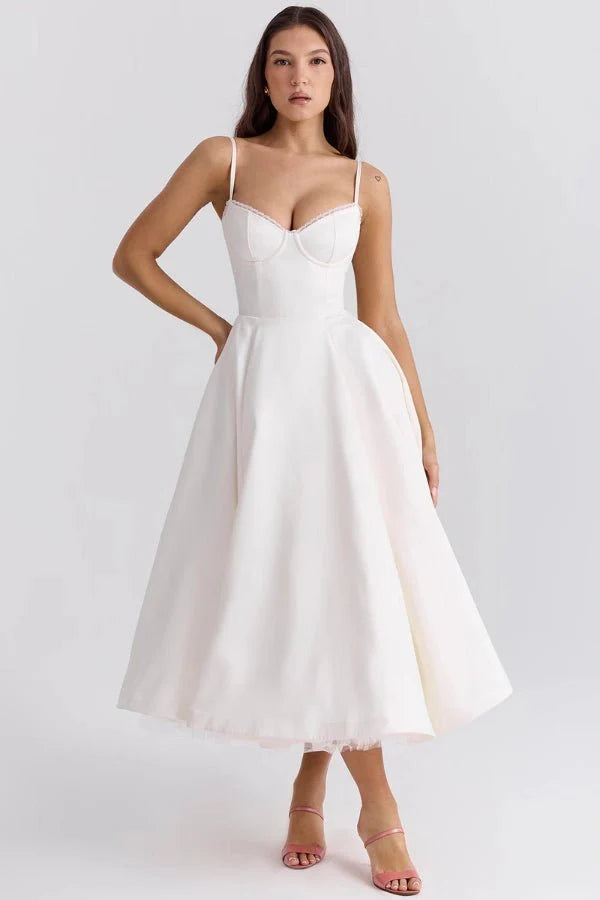 Strapless Midi Dress Flared Skirt Elegant Fit and Flare Style