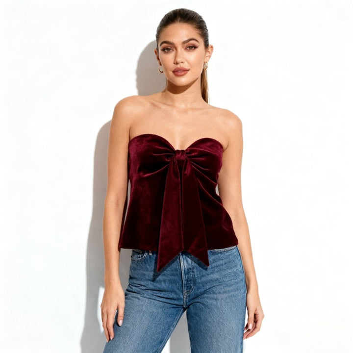 Strapless Velvet Bow Top Corset Fit Burgundy Elegant Statement Style