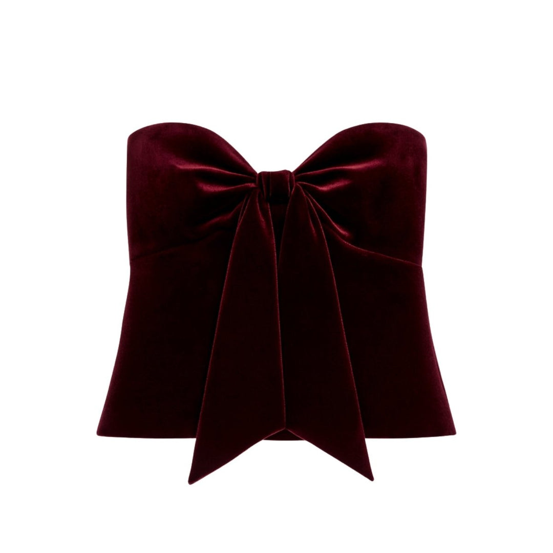 Strapless Velvet Bow Top Corset Fit Burgundy Elegant Statement Style