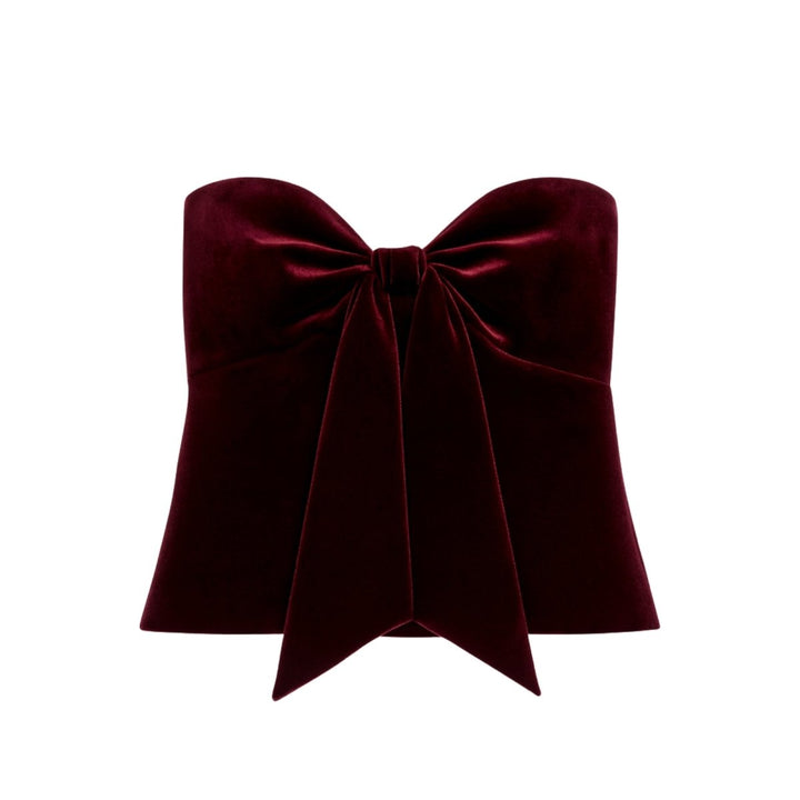 Strapless Velvet Bow Top Corset Fit Burgundy Elegant Statement Style