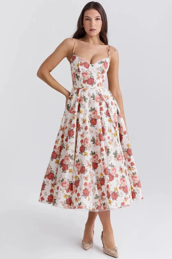 Strapless Midi Dress Flared Skirt Elegant Fit and Flare Style