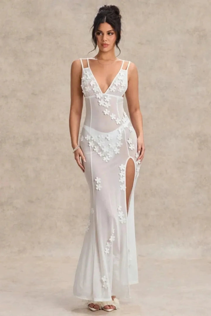 Maxi Dress Lace Floral Appliqué Deep V Neck Elegant Evening Style