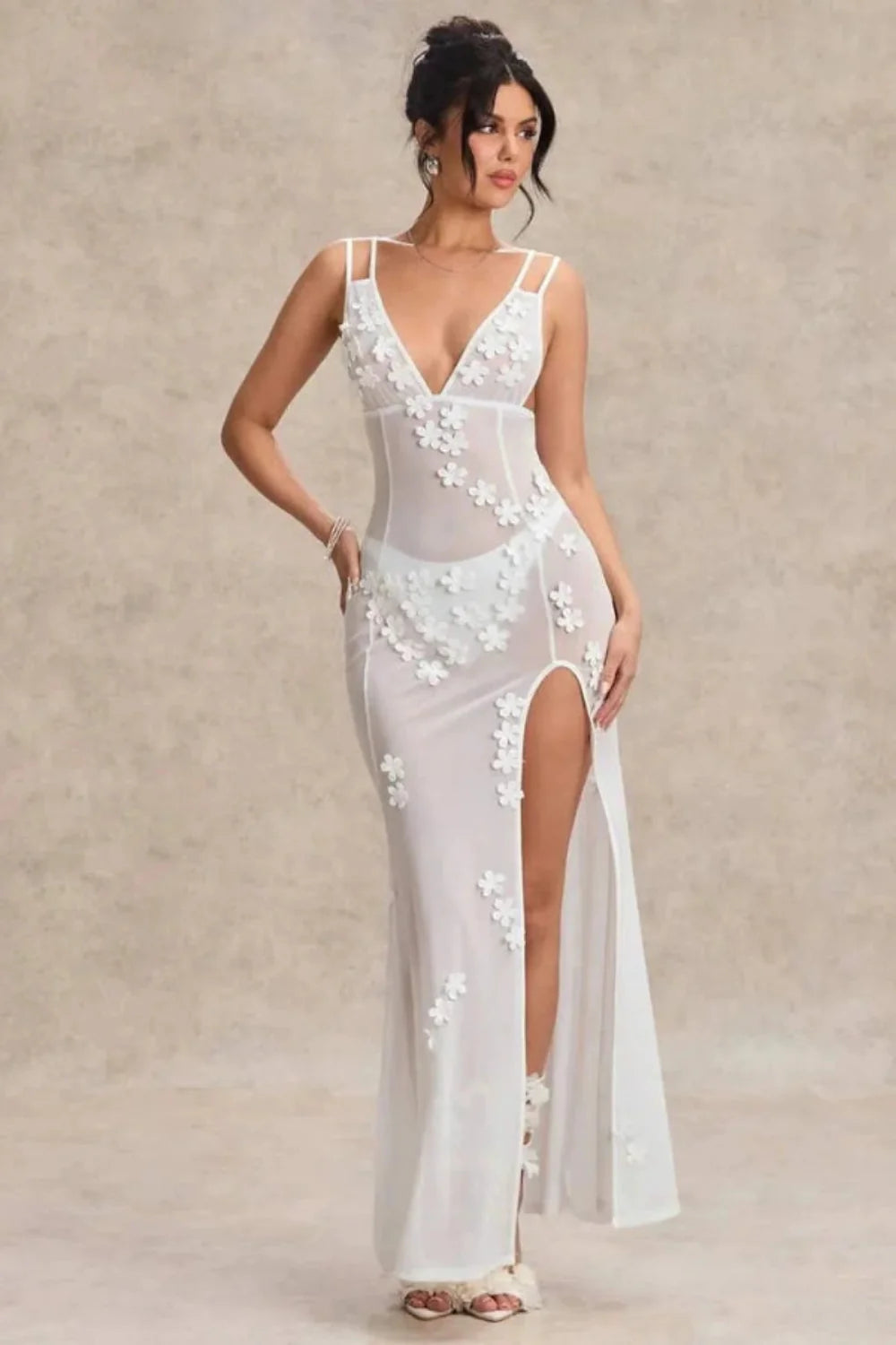 Maxi Dress Lace Floral Appliqué Deep V Neck Elegant Evening Style