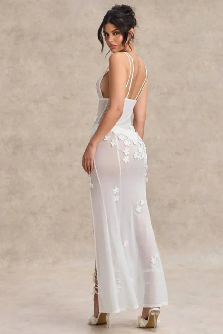 Maxi Dress Lace Floral Appliqué Deep V Neck Elegant Evening Style