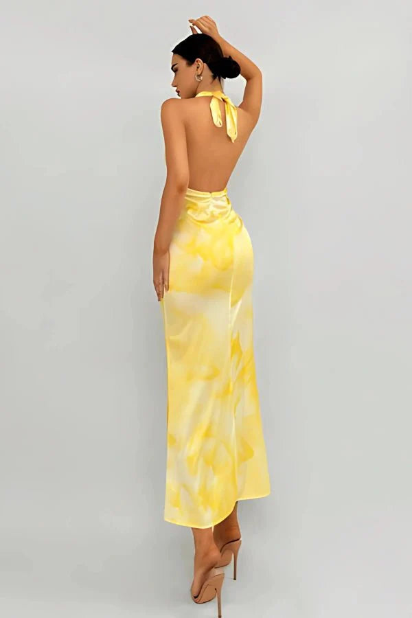 Halter Maxi Dress Satin Plunge Neck Floral Yellow Elegant Evening Style