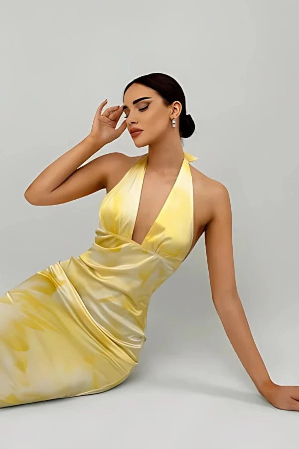 Halter Maxi Dress Satin Plunge Neck Floral Yellow Elegant Evening Style