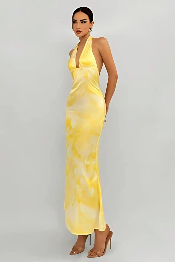 Halter Maxi Dress Satin Plunge Neck Floral Yellow Elegant Evening Style