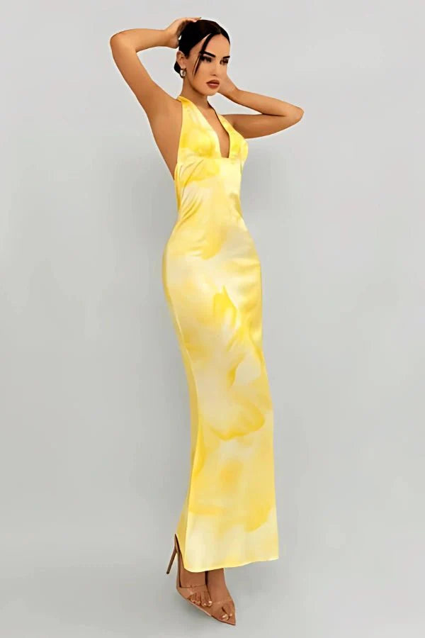 Halter Maxi Dress Satin Plunge Neck Floral Yellow Elegant Evening Style