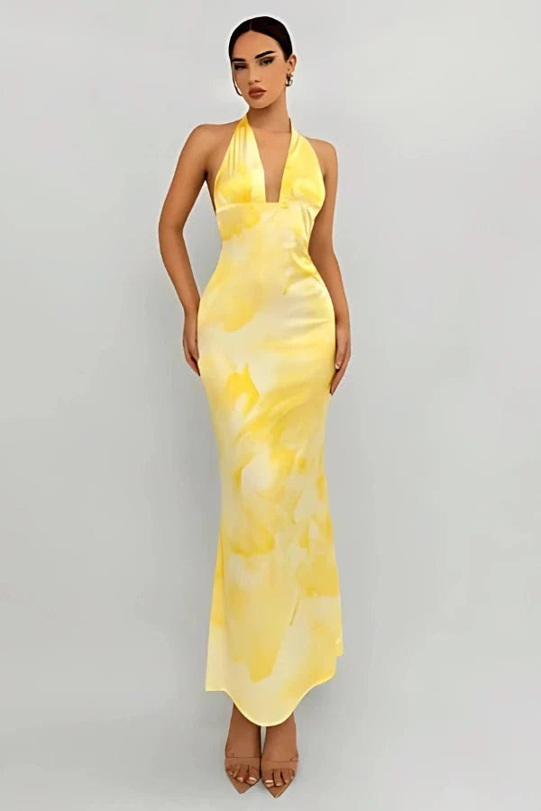 Halter Maxi Dress Satin Plunge Neck Floral Yellow Elegant Evening Style