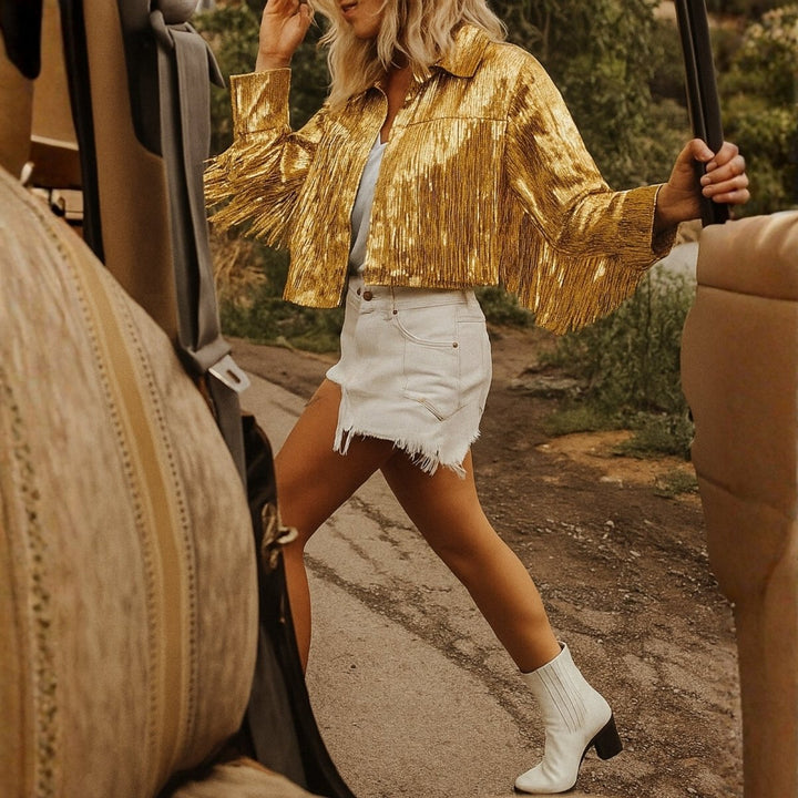 Fringe Sequin Top Gold Statement Party Festival Elegant Style