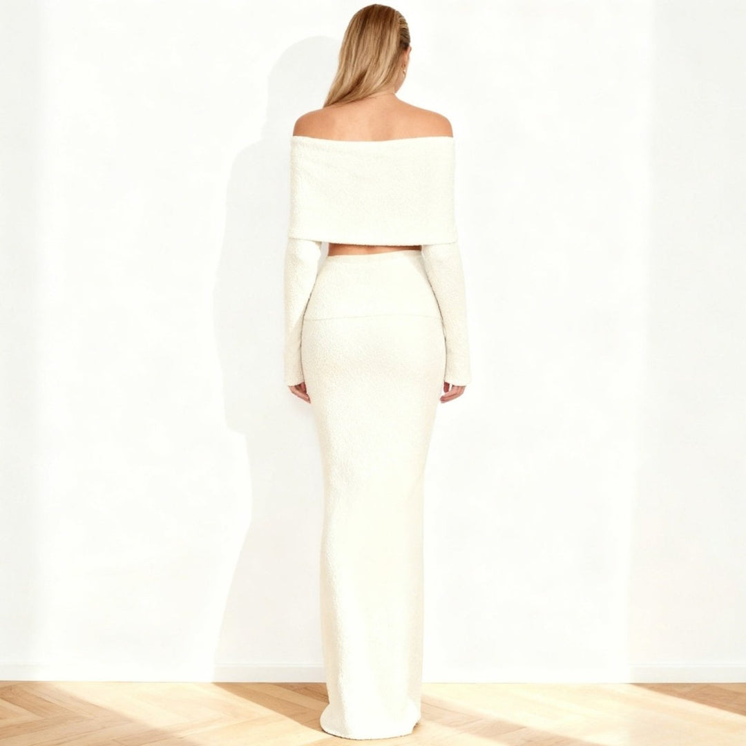Two Piece Set Off Shoulder Top Fitted Maxi Skirt Elegant Evening Style