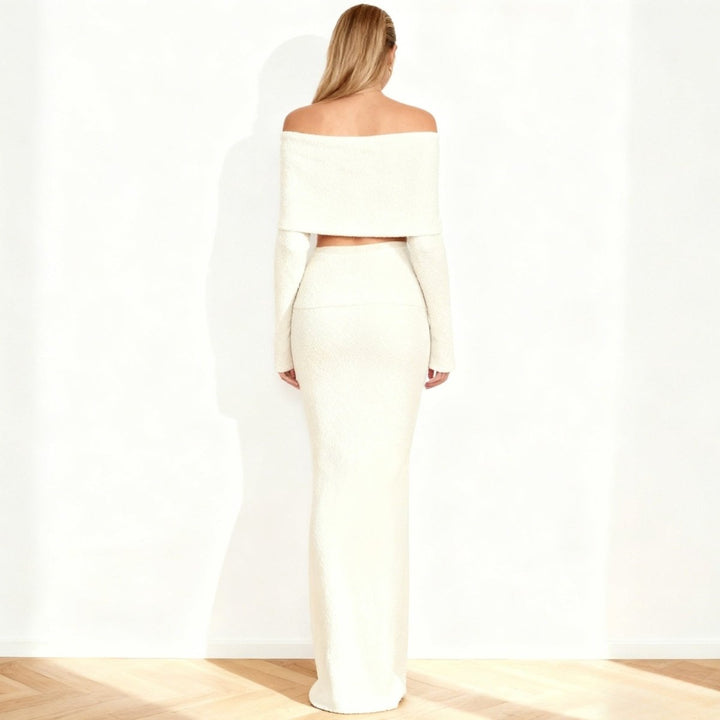 Two Piece Set Off Shoulder Top Fitted Maxi Skirt Elegant Evening Style