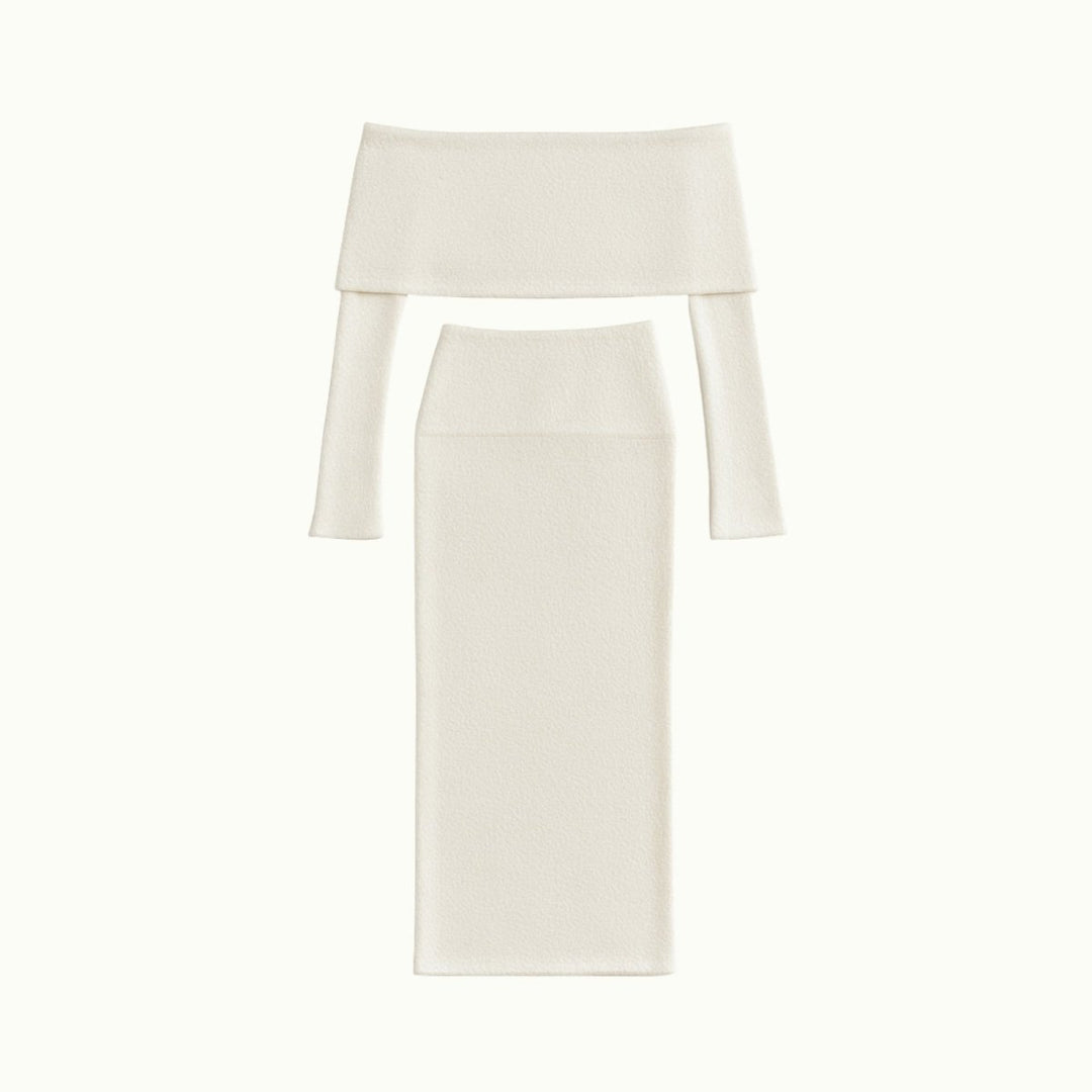Two Piece Set Off Shoulder Top Fitted Maxi Skirt Elegant Evening Style