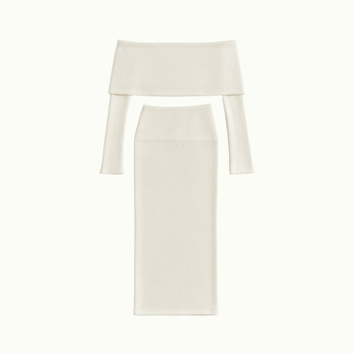 Two Piece Set Off Shoulder Top Fitted Maxi Skirt Elegant Evening Style