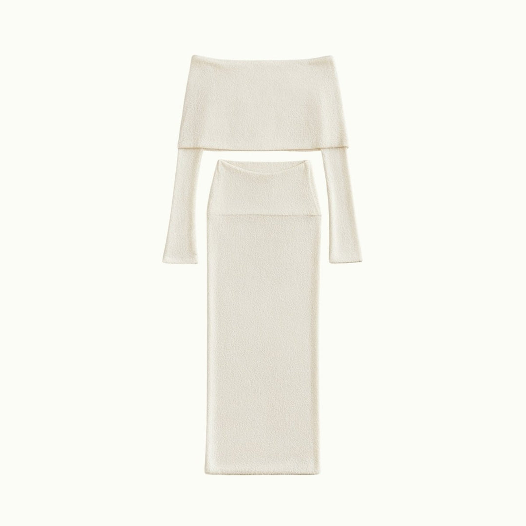 Two Piece Set Off Shoulder Top Fitted Maxi Skirt Elegant Evening Style