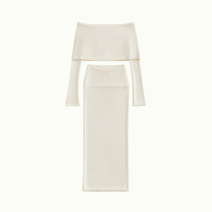 Two Piece Set Off Shoulder Top Fitted Maxi Skirt Elegant Evening Style