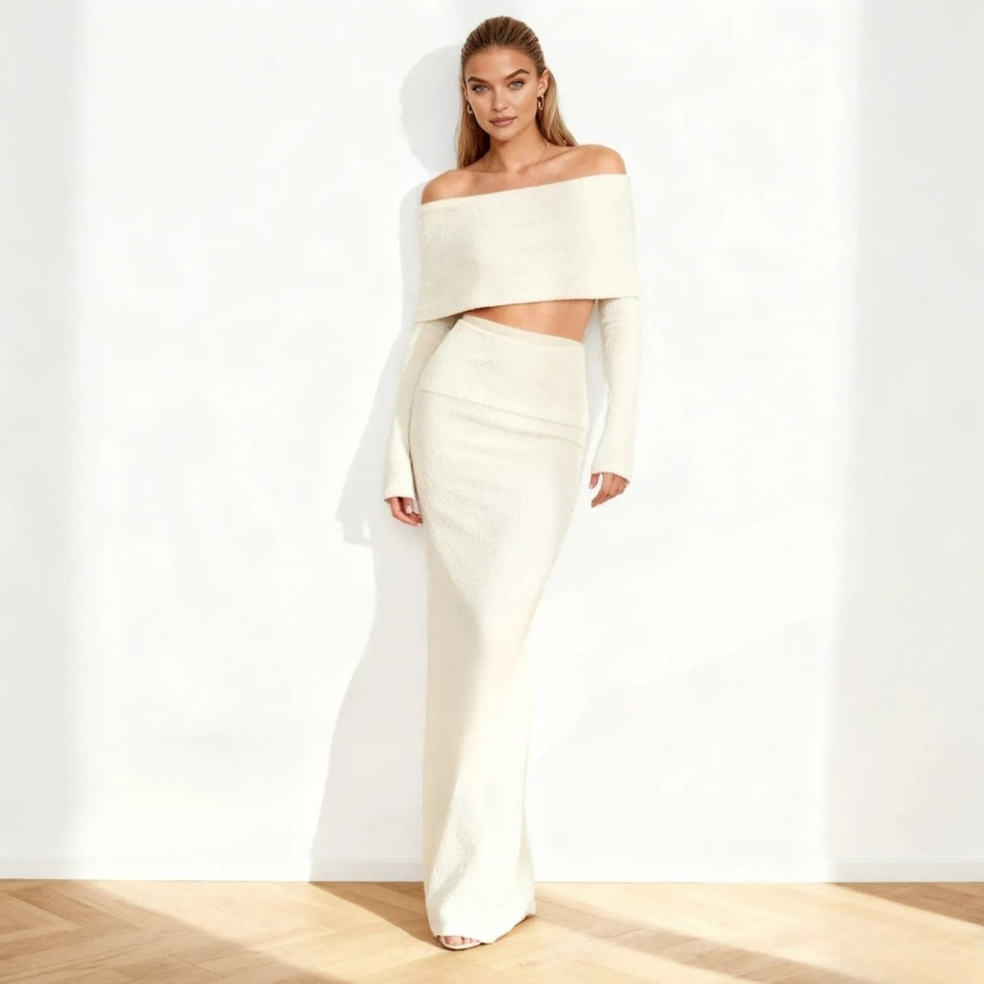 Two Piece Set Off Shoulder Top Fitted Maxi Skirt Elegant Evening Style