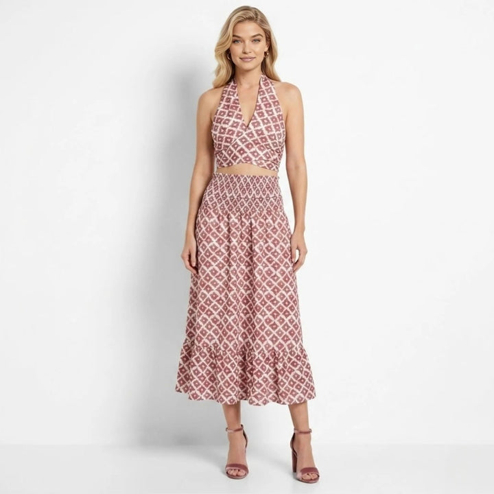 Two Piece Set Geometric Halter Top Midi Skirt Summer Resort Style