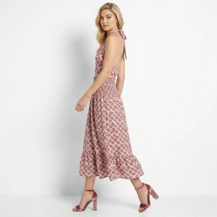 Two Piece Set Geometric Halter Top Midi Skirt Summer Resort Style