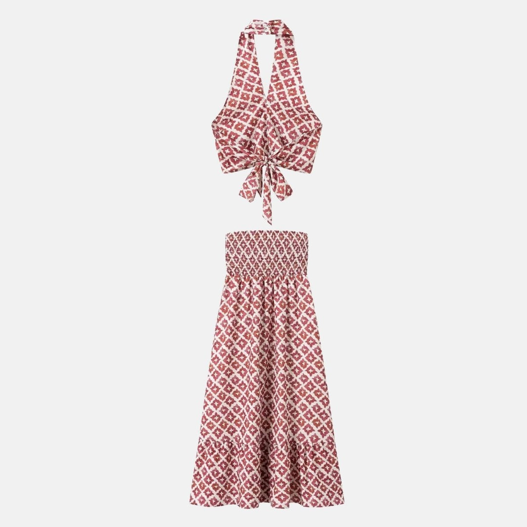 Two Piece Set Geometric Halter Top Midi Skirt Summer Resort Style