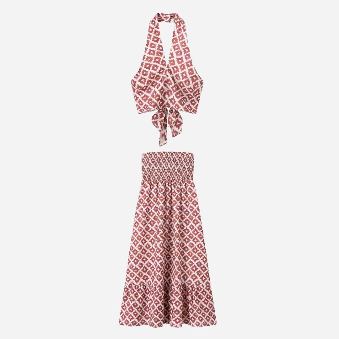 Two Piece Set Geometric Halter Top Midi Skirt Summer Resort Style