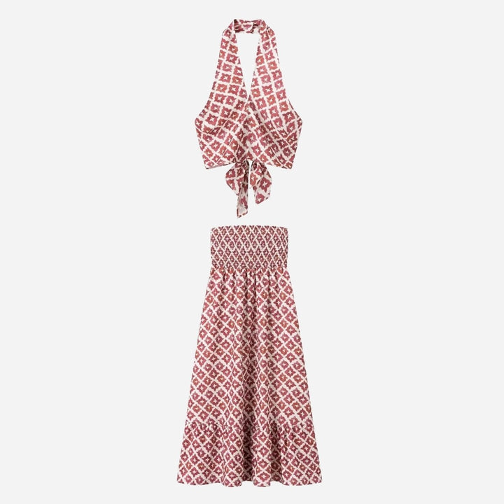 Two Piece Set Geometric Halter Top Midi Skirt Summer Resort Style