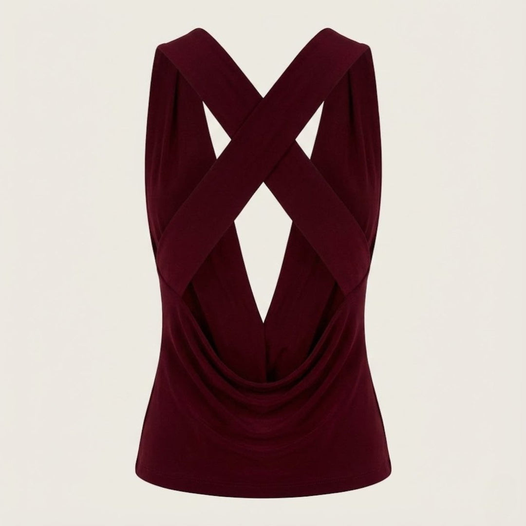 Draped Top Cowl Neck Open Back Crisscross Back Elegant Minimal Style