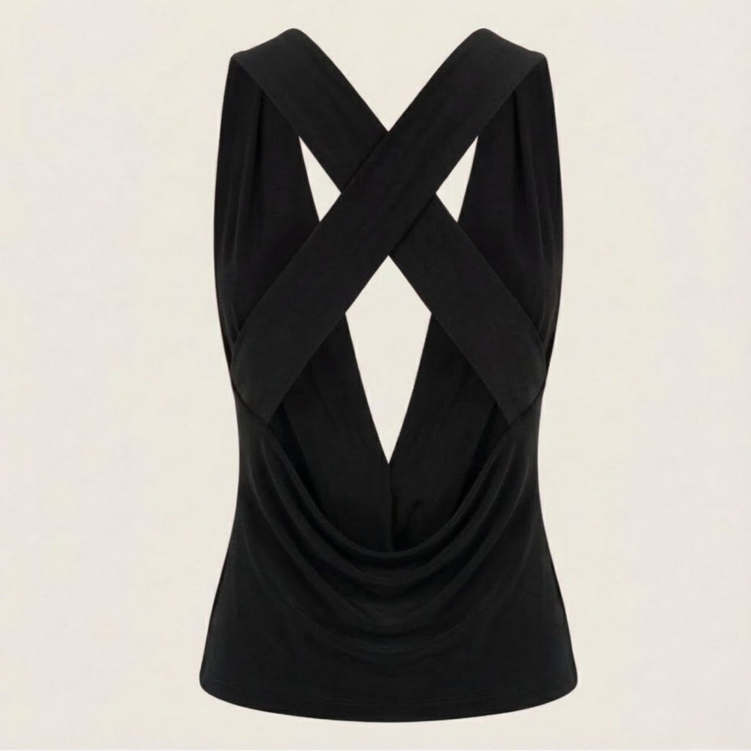 Draped Top Cowl Neck Open Back Crisscross Back Elegant Minimal Style