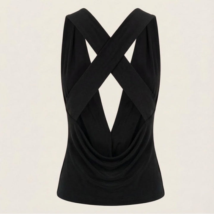 Draped Top Cowl Neck Open Back Crisscross Back Elegant Minimal Style