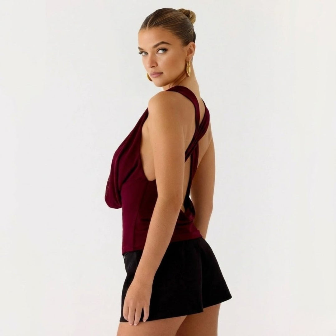 Draped Top Cowl Neck Open Back Crisscross Back Elegant Minimal Style