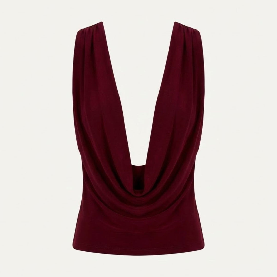 Draped Top Cowl Neck Open Back Crisscross Back Elegant Minimal Style
