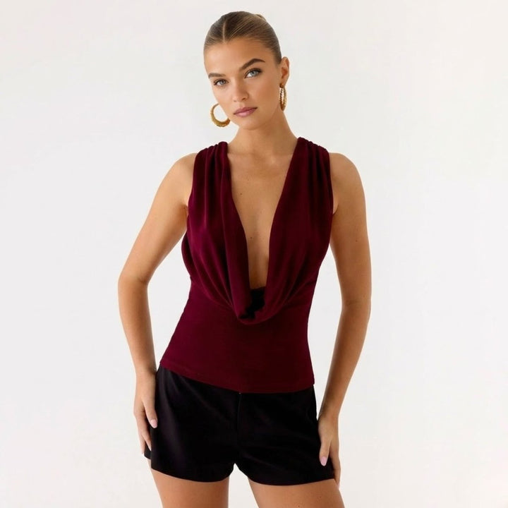 Draped Top Cowl Neck Open Back Crisscross Back Elegant Minimal Style