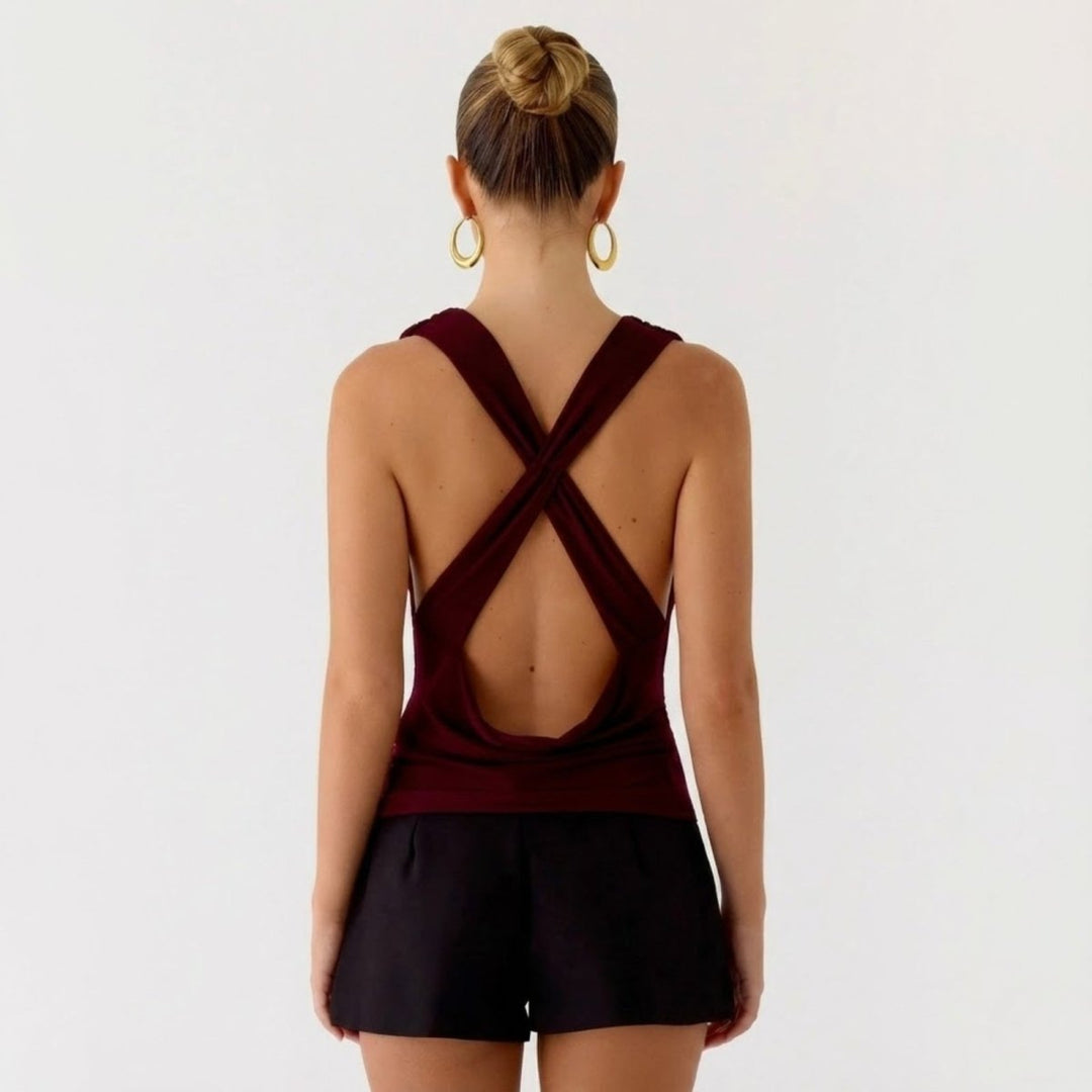 Draped Top Cowl Neck Open Back Crisscross Back Elegant Minimal Style