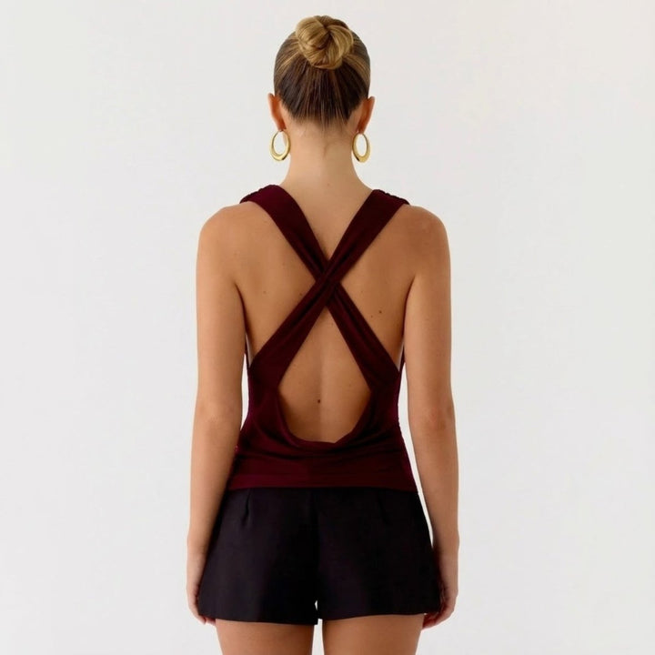 Draped Top Cowl Neck Open Back Crisscross Back Elegant Minimal Style
