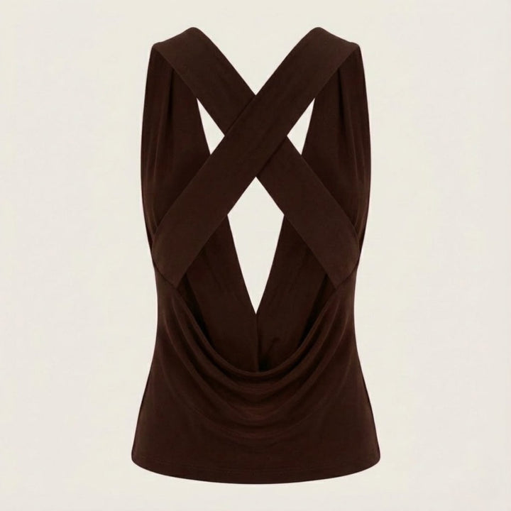 Draped Top Cowl Neck Open Back Crisscross Back Elegant Minimal Style