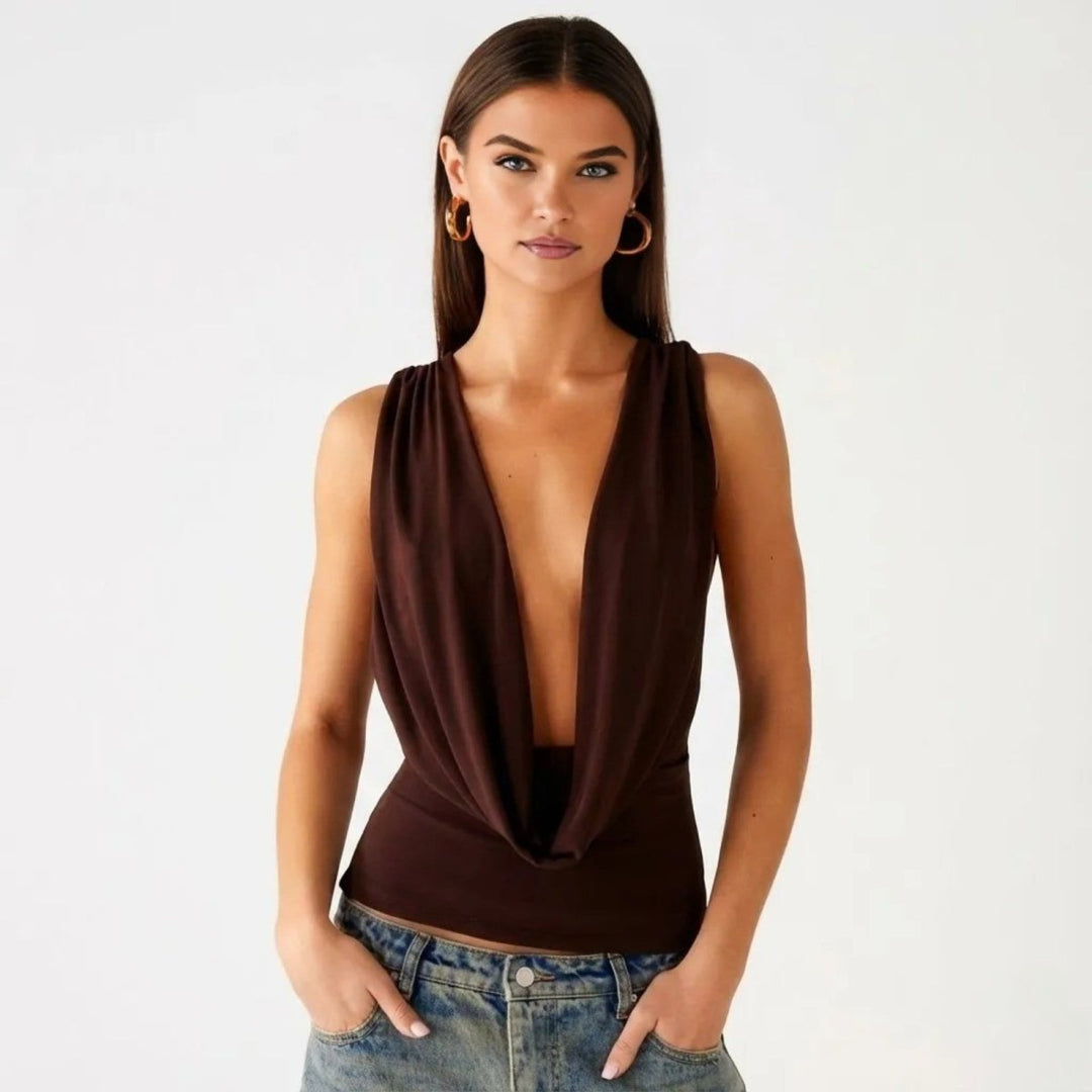 Draped Top Cowl Neck Open Back Crisscross Back Elegant Minimal Style