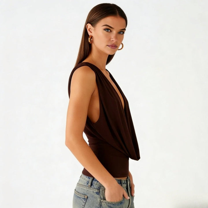 Draped Top Cowl Neck Open Back Crisscross Back Elegant Minimal Style