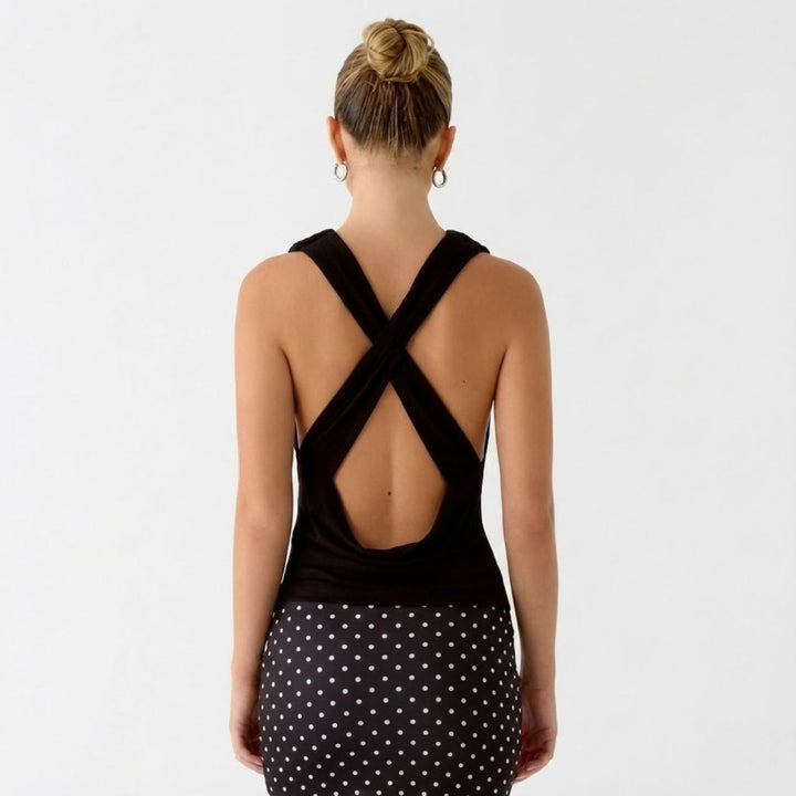 Draped Top Cowl Neck Open Back Crisscross Back Elegant Minimal Style