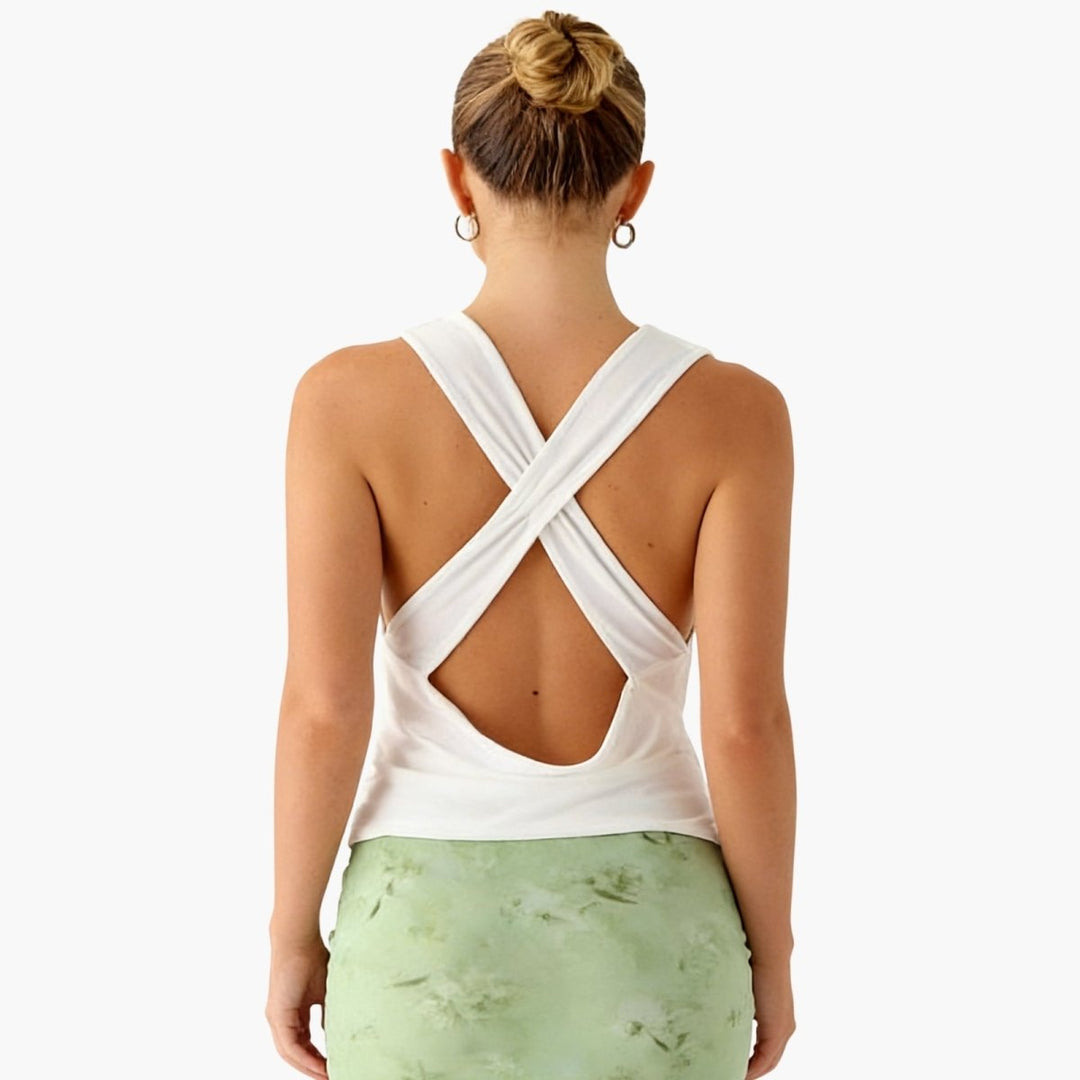 Draped Top Cowl Neck Open Back Crisscross Back Elegant Minimal Style