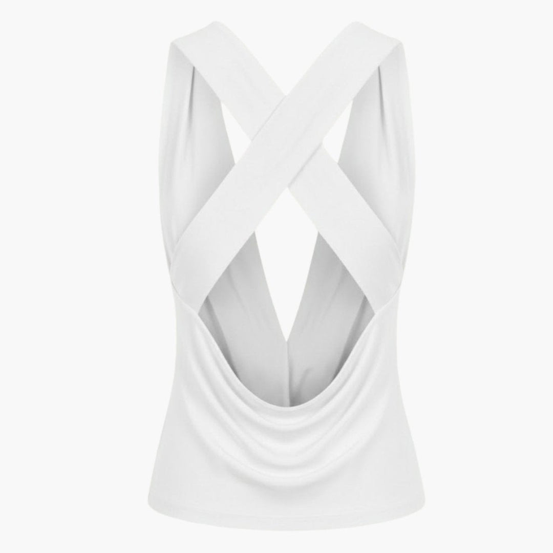 Draped Top Cowl Neck Open Back Crisscross Back Elegant Minimal Style