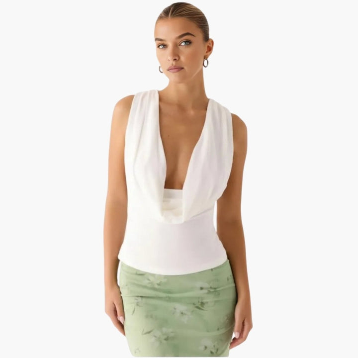 Draped Top Cowl Neck Open Back Crisscross Back Elegant Minimal Style