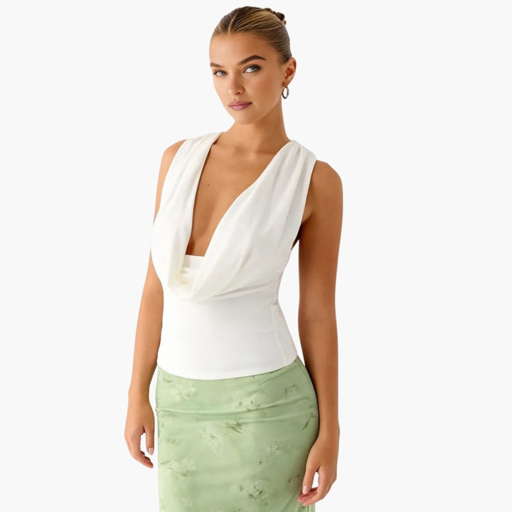 Draped Top Cowl Neck Open Back Crisscross Back Elegant Minimal Style