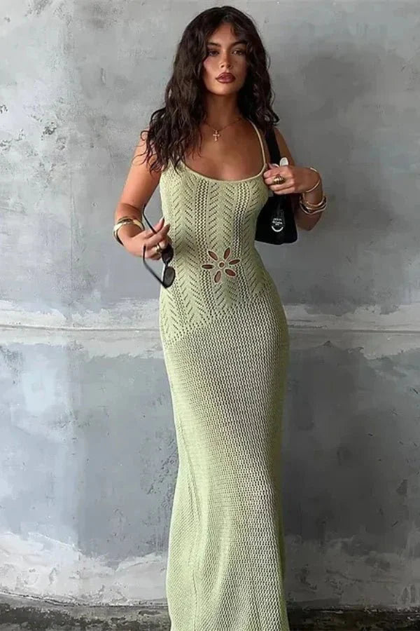 Crochet Maxi Dress Floral Appliqué Cut Out Waist Elegant Boho Style