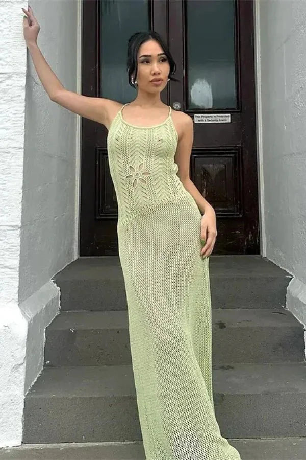 Crochet Maxi Dress Floral Appliqué Cut Out Waist Elegant Boho Style
