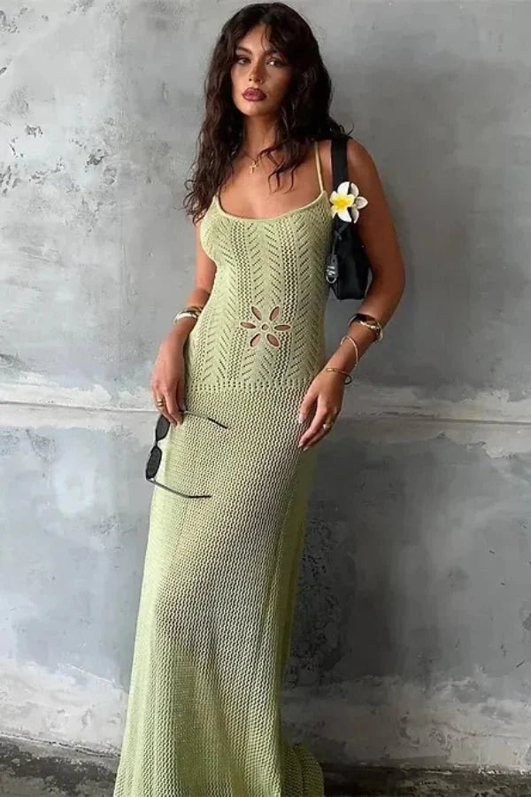 Crochet Maxi Dress Floral Appliqué Cut Out Waist Elegant Boho Style